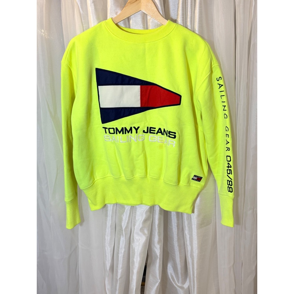 Tommy Jeans Sailing Gear Sweatshirt Womens XS Neon Yellow Graphic Crewneck